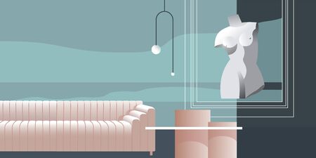 Abstract modern Interior with Venus sculpture in pastel shades of turquoise. Vector mockup for background a layout landing page or design advertising banner. Contemporary architecture illustration.のイラスト素材