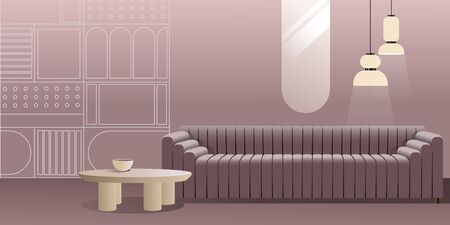 Abstract modern Interior in pastel shades of violet. Vector mockup for background a layout landing page or design advertising banner or booklet. Contemporary architecture illustration.のイラスト素材