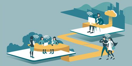 Isometric layout explaining the principle of remote work anywhere through the cloud.のイラスト素材
