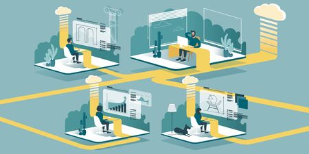 Technical vector Illustration explaining how cloud computing enhancing our ability to learn and work anywhere. Isometric layout explaining the principle of teleworking at home through the cloud.のイラスト素材
