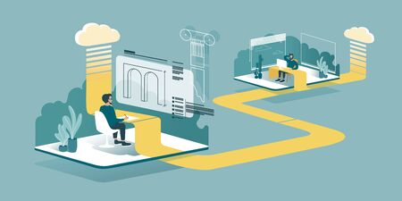 A technical vector illustration explaining how cloud computing enhances our ability to learn and work anywhere. Isometric drawing explaining how a designer or architect works from home through the cloud.のイラスト素材