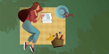 Young girl reading a magazine on a picnic blanket. Top view. Summer city park scene. Flat graphic vector illustration.のイラスト素材