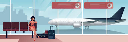 A girl sits waiting for the greeter and talks on her mobile in Airport arrival lounge. Scenes from the life of an air passenger. Flat design landscape Vector illustration.のイラスト素材