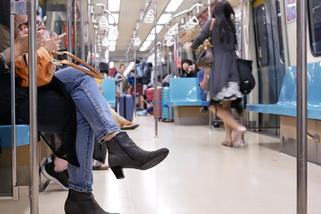 Taipei, Taiwan - November 10, 2017 : Close up people foot of their taking skytrain in Taipei Taiwanのeditorial素材