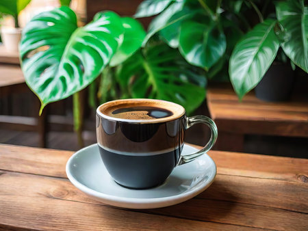 Rustic Charm: A Cup of Coffee Perched on a Wooden Table. Generative AI.の素材
