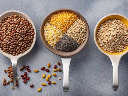 Diverse Harvest: Top View Spoon with Seeds, Row of Spoons with Grains. Generative AI.の素材
