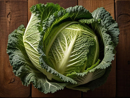 Vibrant Savoy Cabbage is Displayed on a Rustic Wooden Table. Generative AI.の素材