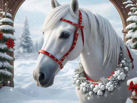 Festive Elegance: White Horse Wearing Christmas Wreath in the Snow. Generative AI.の素材