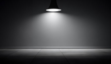 Contemporary Gray Wall with Stylish Black Metal Lamp: Versatile Presentation Background. Generative AI.の素材