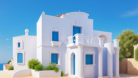 Capturing the Charm of a Traditional Mediterranean White House Against a Summer Blue Sky. Generative AI.の素材