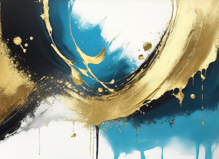 Vibrant Canvas Splashes: Gold, Black, Blue, and Gray Interior Painting. Generative AI.の素材
