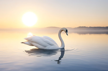 Art Swan Floating on Water at Sunrise of the Day. Generative AI.の素材