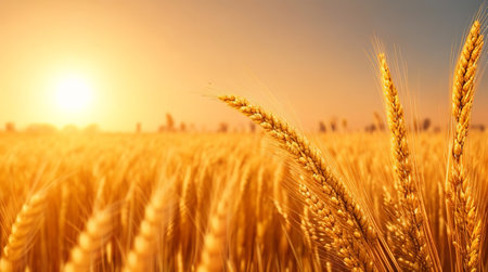Golden Wheat Fields at Sunset: Nature's Beauty Up Close. Generative AI.の素材