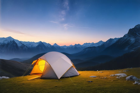 Unforgettable Mountain Retreats in Tents. Generative AI.の素材