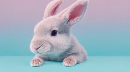 Creative Animal Concept: Rabbit Peeking Over Pastel Bright Background. Generative AI.の素材