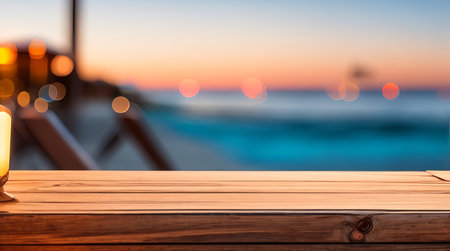 Beach Cafe Ambience: Empty Wooden Table with Bokeh Lights. Generative AI.の素材