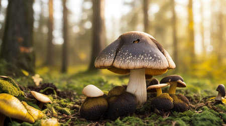 Sunny Autumn Forest: Exploring Edible Cep Mushrooms in Nature. Generative AI.の素材