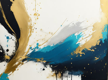 Vibrant Canvas Splashes: Gold, Black, Blue, and Gray Interior Painting. Generative AI.の素材