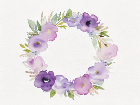 Purple floral wreath in a vector watercolour style with a golden circle. Generative AI.の素材