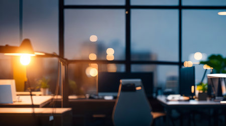 Evening Ambiance: Blurred Office Workspace Interior with Table in Front. Generative AI.の素材