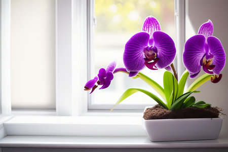 Beautiful Purple Orchid on Windowsill. Generative AI.の素材