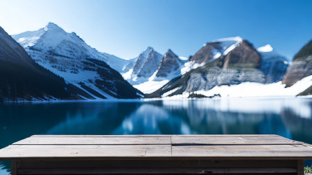 Mountain Scene is Rendered with a Wooden Table in Front. Generative AI.の素材