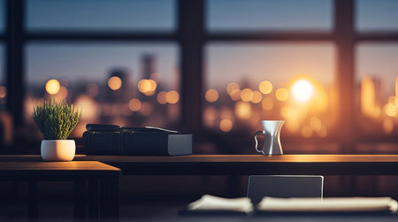 Evening Ambiance: Blurred Office Workspace Interior with Table in Front. Generative AI.の素材
