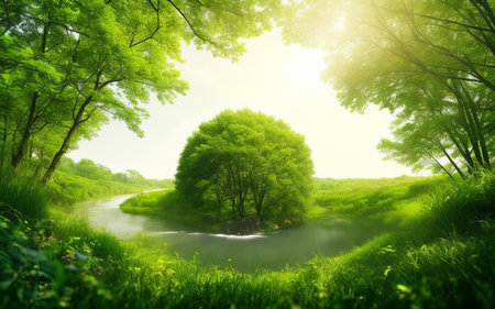 The Enchanting River and Lush Forest in the Golden Ratio's Radiant Embrace. Generative AI.の素材