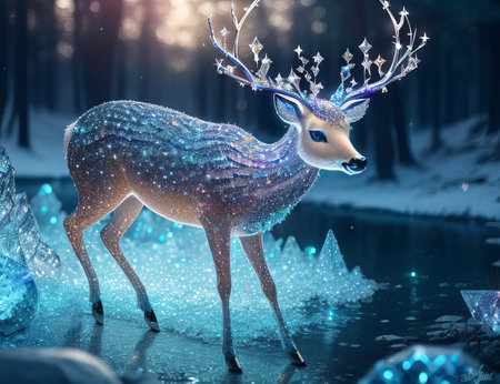 Shimmering Crystal Deer in Captivating Magical Nature Photography. Generative AI.の素材