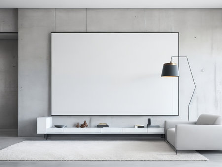 Living room wall with a mock poster frame. Modern background with a luxurious apartment. Generative AI.の素材