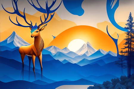 Transform Your Space with a Captivating Blue and Golden Deer Wall Art Decor Wallpaper. Generative AI.の素材