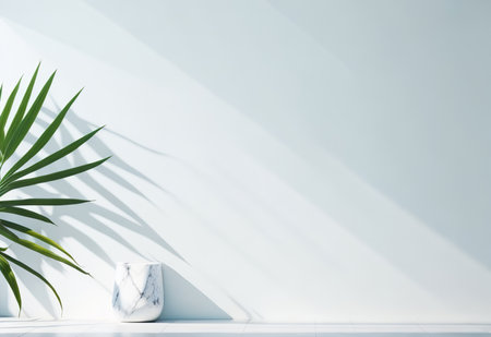Minimalistic Abstract Light Beige Background for Product Presentation with Intricate Shadows and Natural Wall Vegetation. Generative AI.の素材