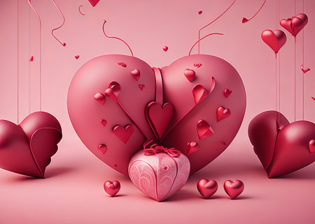 Valentine's Day Banner with Heart-Shaped Balloons and Ball Light Decor. Generative AI.の素材