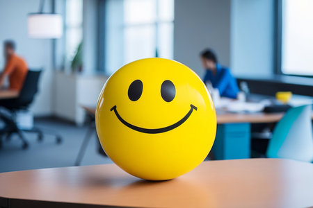 Fostering Positivity and Inspiring Corporate Culture with a Yellow Smiling Ball. Generative AI.の素材