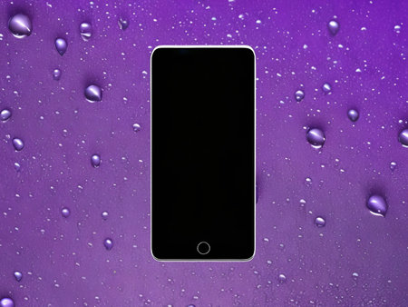 Mockup of empty white smartphone with no text on a stunning rain drop background. Generative AI.の素材