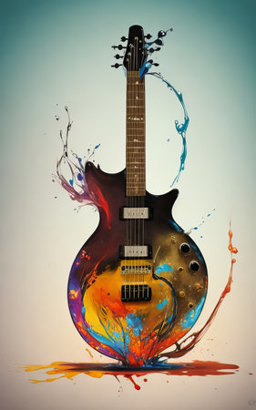 Electric Guitar in Fluid Colors and Abstract Music Background with Liquid Color Paints. Generative AI.の素材