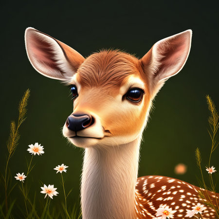 A gentle and enchanting deer fawn with its delicate spots and innocent eyes can evoke a sense of tranquility and wonder. Generative AI.の素材