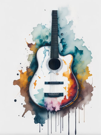 Electric Guitar in Fluid Colors and Abstract Music Background with Liquid Color Paints. Generative AI.の素材