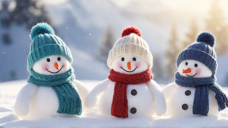 Christmas Background Banner Featuring a Group of Cute, Funny, Laughing Snowmen in Wool Hats and Scarves. Generative AI.の素材