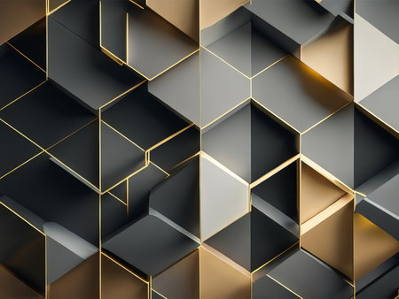Dimensional Elegance: 3D Black and Gold Background with Squares and Rectangles. Generative AI.の素材