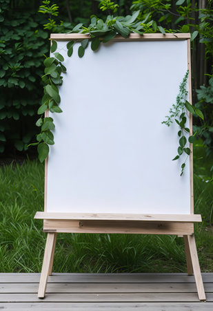 A generic flower or roses store display welcome window with a mockup of a blank, clean signboard seen from the street. Generative AI.の素材