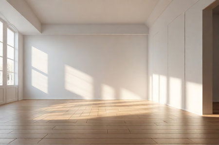 Serene White Room with Wooden Floor, Sunlight Casting Beautiful Shadows on the Wall. Generative AI.の素材