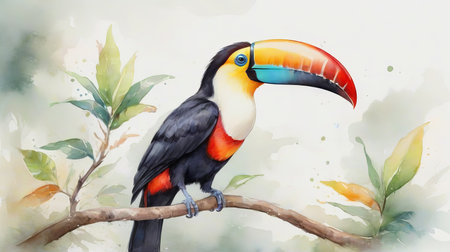 Spectacular Toucan in Watercolor: Vibrant Bird Art on Clean White Canvas. Generative AI.の素材