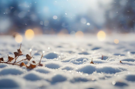 Winter Wonderland Bliss: Traditional Christmas Scene with Snowy Landscape and Sunny Sky Bokeh. Generative AI.の素材
