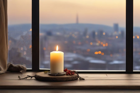 Wood Table with Cityscape View, Candle, and Branch for a Cozy Atmosphere with Ample Copy Space. Generative AI.の素材