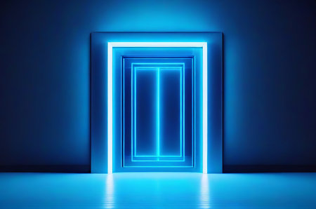 Abstract Minimalist Blue Geometric Background with Bright Neon Light. Generative AI.の素材