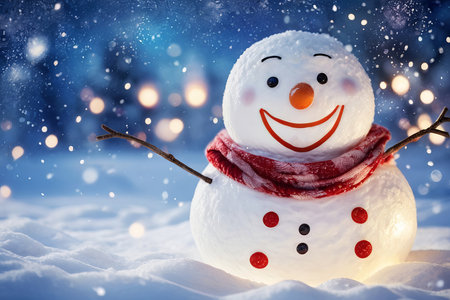 Smiling Snowman Amid Winter Wonderland and Christmas Lights with Ample Copy Space. Generative AI.の素材