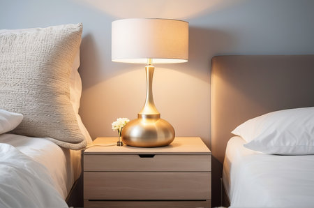 Scandinavian Elegance: Nightstand Lamp and Flowers in Bedroom Home Interior. Generative AI.の素材