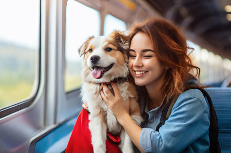 Joyful Travel Moments: Young Woman Embarks on a Train Journey with Her Loyal Dog. Generative AI.の素材