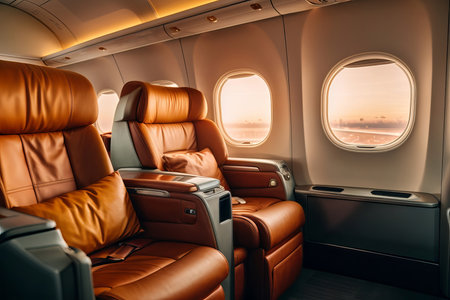 First Class Luxury Seats: Elevate Your Vacation or Corporate Air Travel Experience. Generative AI.の素材